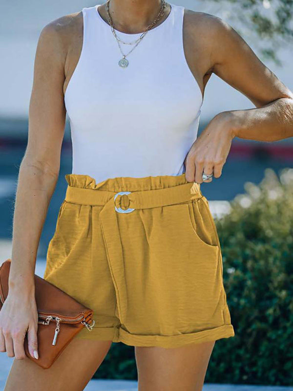 Women's High Waist Casual Pants Cross Border Solid Color Pocket Belt Loose Straight Leg Shorts