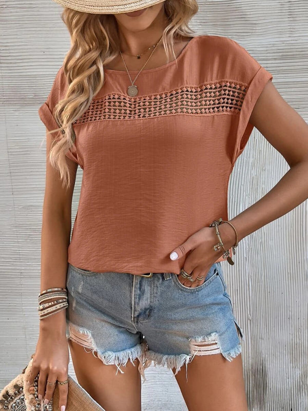 Women's summer new casual solid color stitching lace hollow short-sleeved top