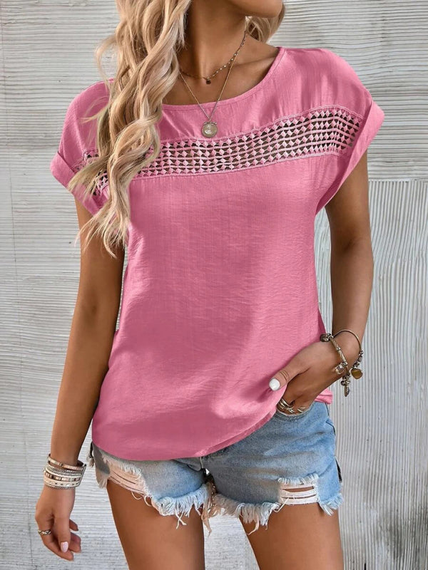 Women's summer new casual solid color stitching lace hollow short-sleeved top