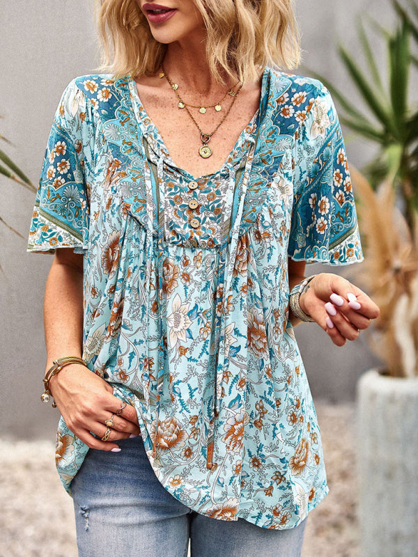 Women's V Neck Short Sleeve Printed Short Sleeve Shirt