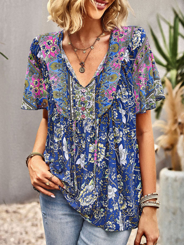 Women's V Neck Short Sleeve Printed Short Sleeve Shirt