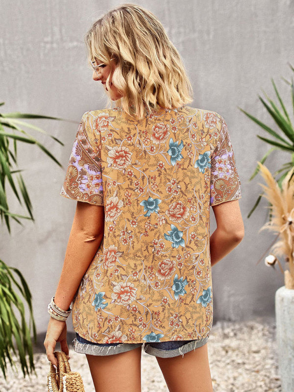 Women's V Neck Short Sleeve Printed Short Sleeve Shirt