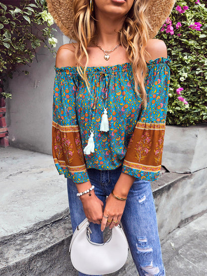 Women's Bohemian Print Loose Off Shoulder Shirt