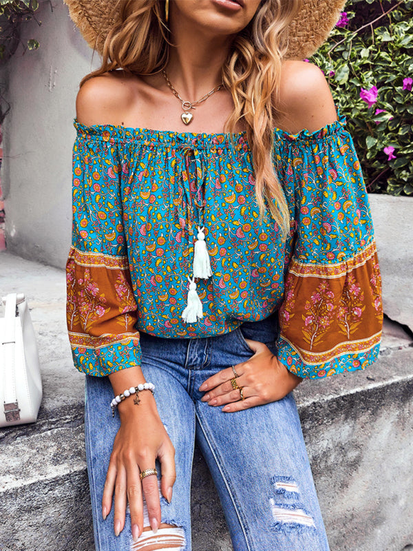 Women's Bohemian Print Loose Off Shoulder Shirt