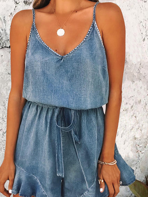Summer street temperament women's cotton denim distressed suspender jumpsuit