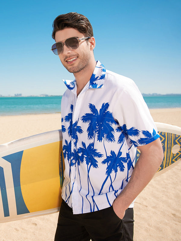 Summer new seaside casual Hawaiian short-sleeved shirt men's beach seaside (Blue)