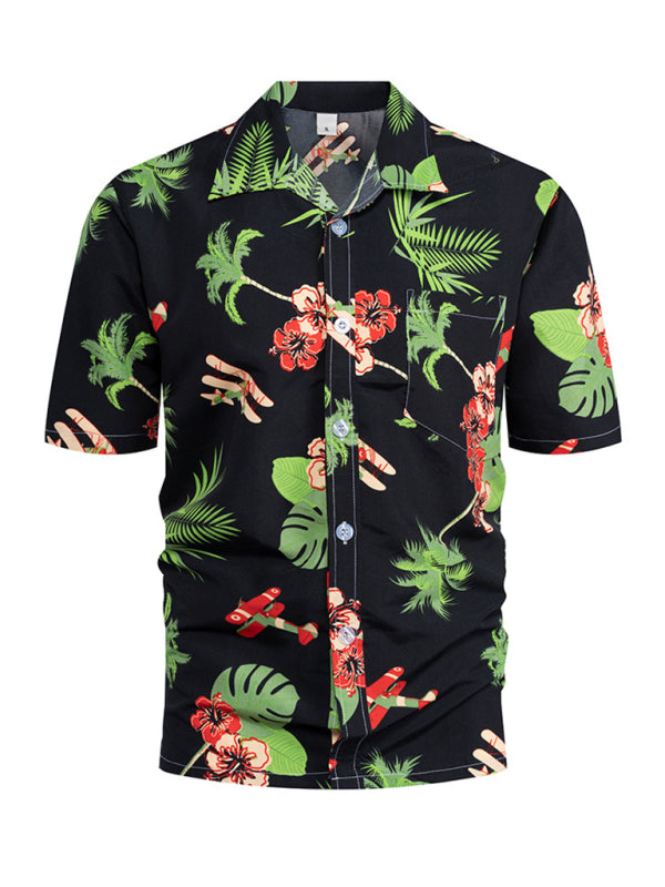 Summer new seaside casual Hawaiian short-sleeved shirt men's beach seaside (Black)