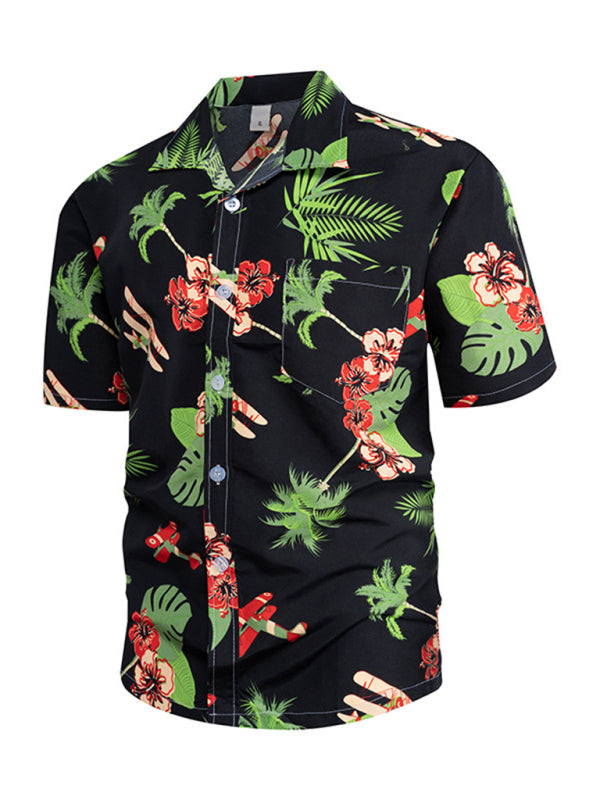 Summer new seaside casual Hawaiian short-sleeved shirt men's beach seaside (Black)
