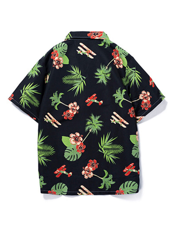 Summer new seaside casual Hawaiian short-sleeved shirt men's beach seaside (Black)