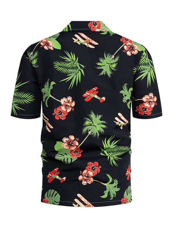 Summer new seaside casual Hawaiian short-sleeved shirt men's beach seaside (Black)