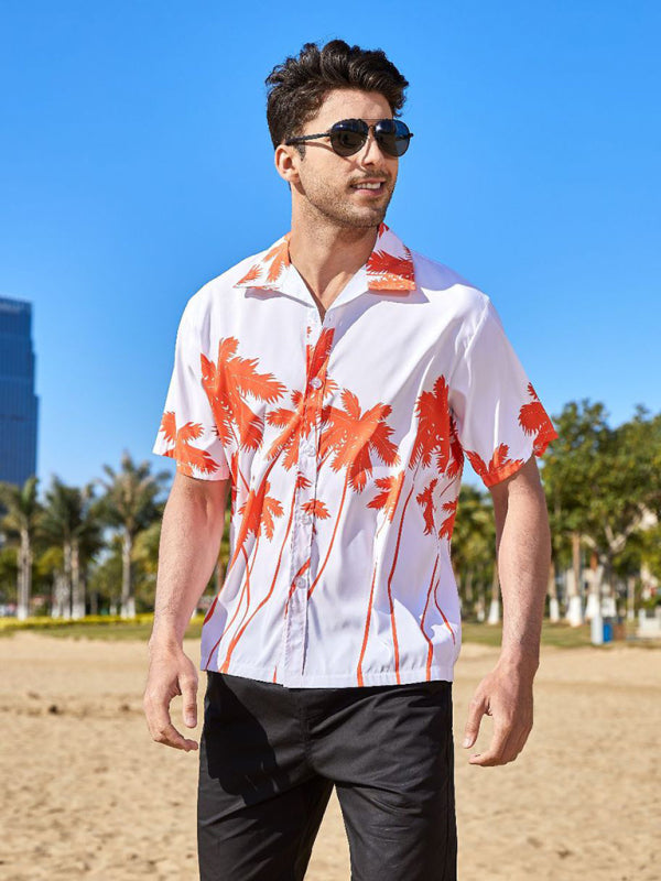 Summer new seaside casual Hawaiian short-sleeved shirt men's beach seaside (Orange Red)