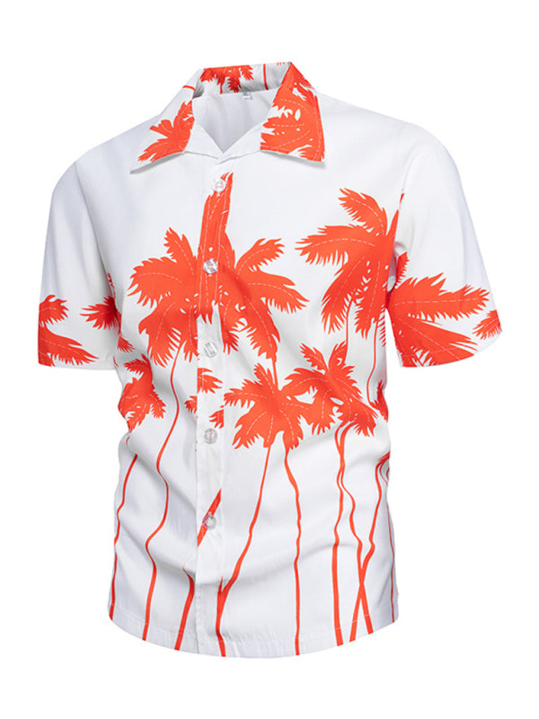 Summer new seaside casual Hawaiian short-sleeved shirt men's beach seaside (Orange Red)