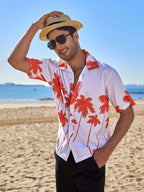 Summer new seaside casual Hawaiian short-sleeved shirt men's beach seaside (Orange Red)