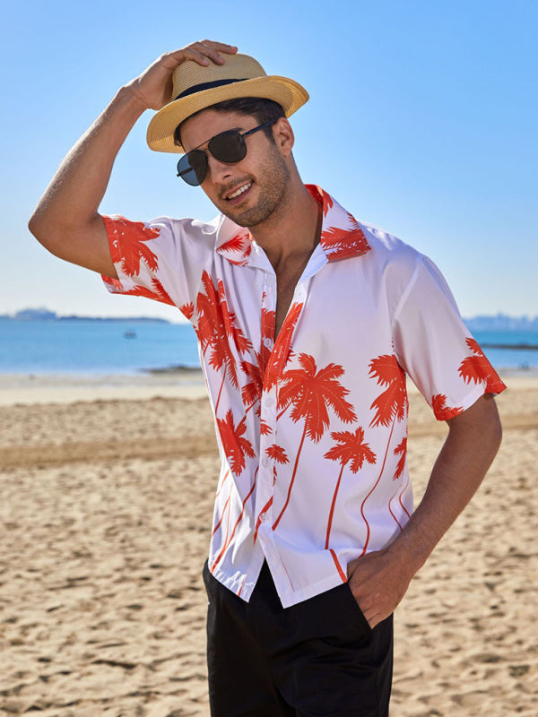 Summer new seaside casual Hawaiian short-sleeved shirt men's beach seaside (Orange Red)