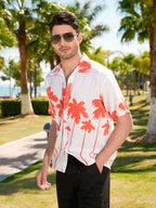 Summer new seaside casual Hawaiian short-sleeved shirt men's beach seaside (Orange Red)