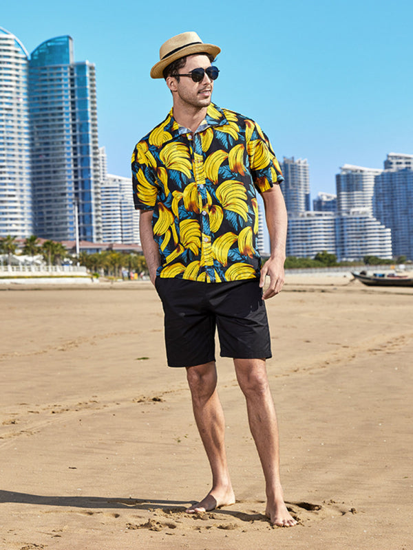 Summer new seaside casual Hawaiian short-sleeved shirt men's beach seaside (Yellow)