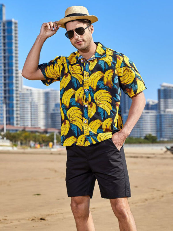 Summer new seaside casual Hawaiian short-sleeved shirt men's beach seaside (Yellow)