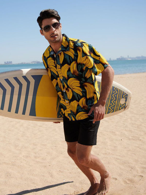Summer new seaside casual Hawaiian short-sleeved shirt men's beach seaside (Yellow)