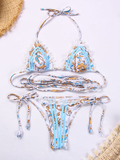 Sexy Ribbon Panel Lace Ties Printed Bikini