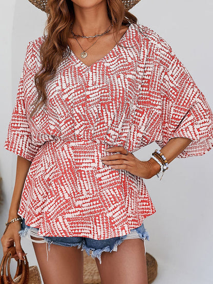 New style shirt European and American V-neck bat sleeve loose waist printed top