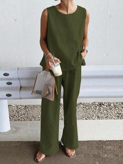 Women's Casual Loose Sleeveless Slit Vest + Pants Set