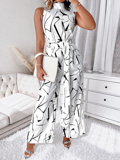 Women's Fashion Commuter Slim Abstract Print Sleeveless Jumpsuit