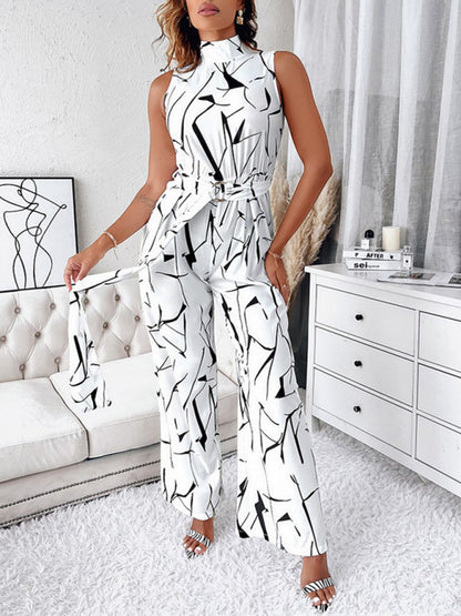 Women's Fashion Commuter Slim Abstract Print Sleeveless Jumpsuit