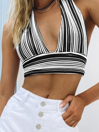 Striped Wool Knit Deep V Open Back Strappy Top