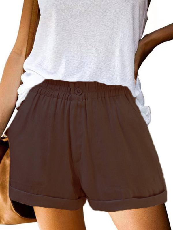 Women's Elastic Solid Color Buckle Zipper Pocket Casual Shorts