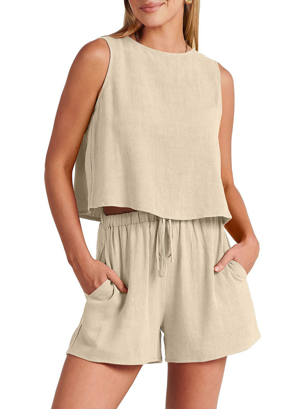 Women's woven solid color sleeveless loose cotton linen top shorts two-piece set