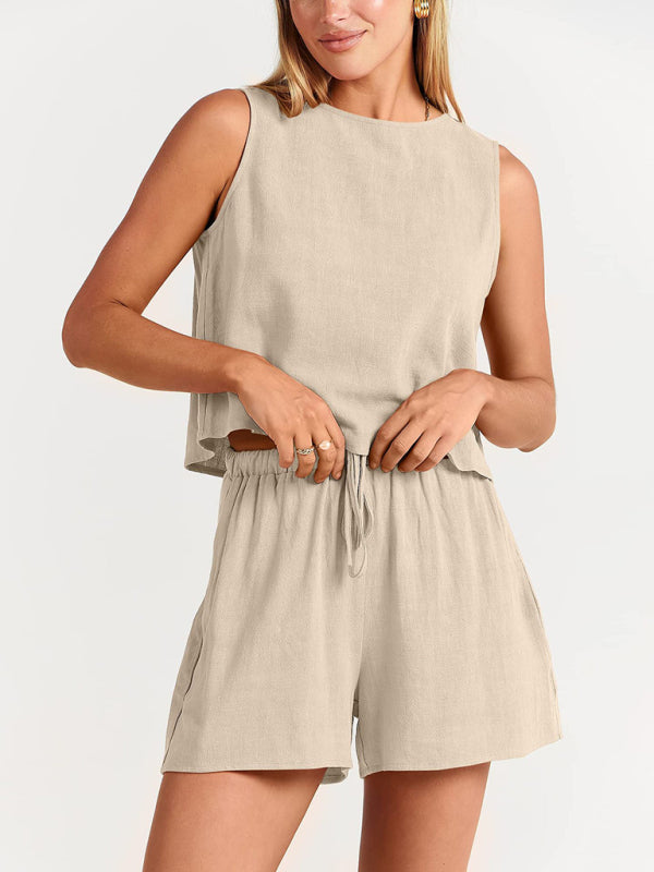 Women's woven solid color sleeveless loose cotton linen top shorts two-piece set