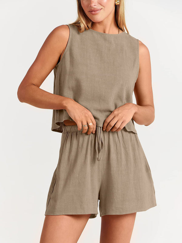 Women's woven solid color sleeveless loose cotton linen top shorts two-piece set