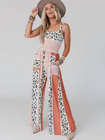 Women's Casual Fashion Leopard Mixed Color Print Pocket Jumpsuit