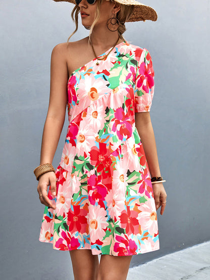 Women's Printed One Shoulder Diagonal Dress