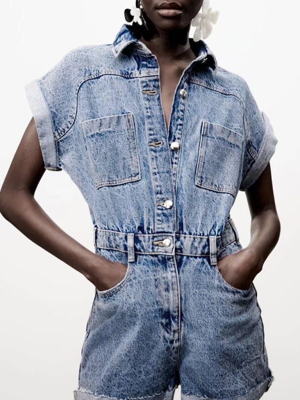 New style single-breasted denim short-sleeved jumpsuit with lapel pockets