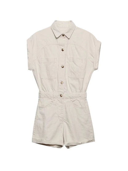 New style single-breasted denim short-sleeved jumpsuit with lapel pockets