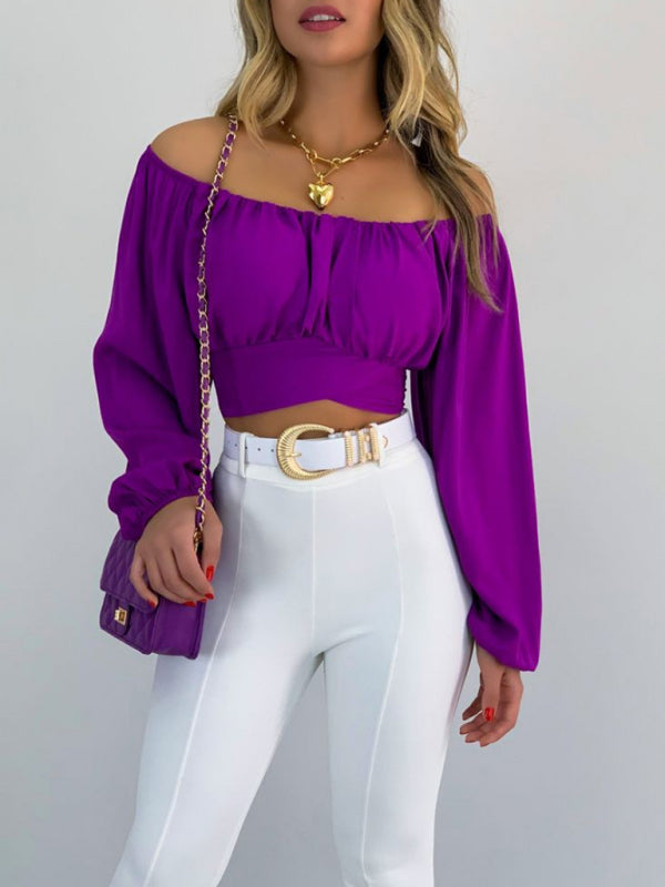 Women's Solid Color One Shoulder Balloon Sleeve Top