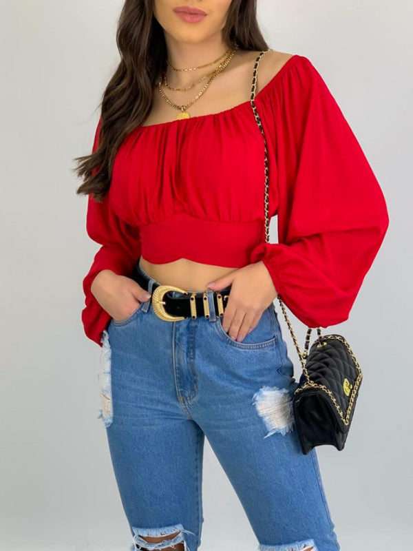 Women's Solid Color One Shoulder Balloon Sleeve Top