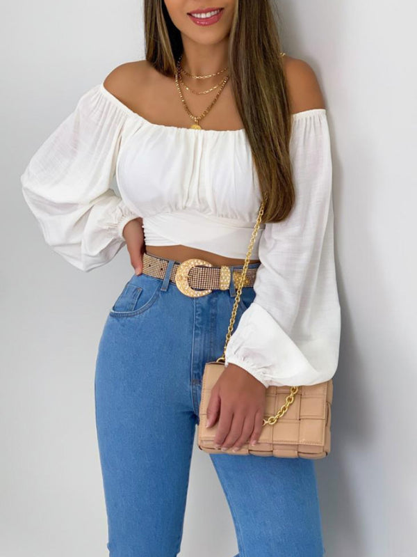 Women's Solid Color One Shoulder Balloon Sleeve Top