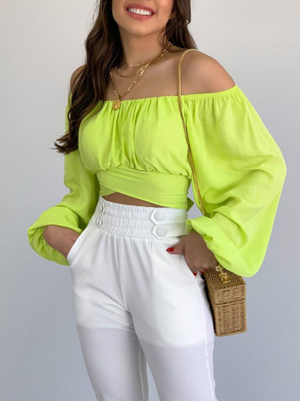 Women's Solid Color One Shoulder Balloon Sleeve Top