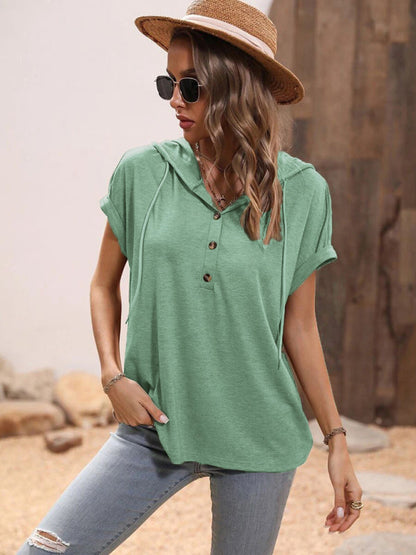 Women's Solid Color Loose Hooded Button Short Sleeve Top