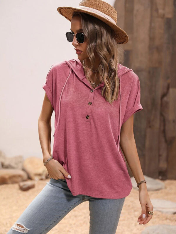 Women's Solid Color Loose Hooded Button Short Sleeve Top