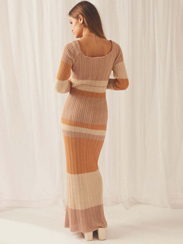 One-neck off-the-shoulder hollow beach long-sleeved knitted striped dress for women
