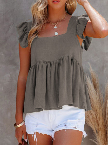 Women's Solid Color Casual Square Neck Fly Fly Sleeve Top