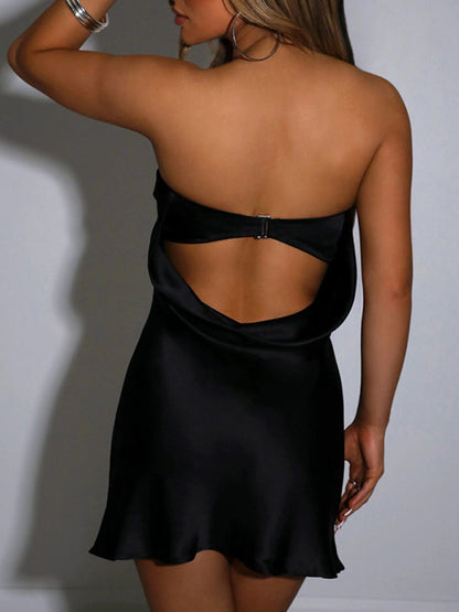 New sexy one word collar solid color tube top sleeveless bare backpack hip skirt