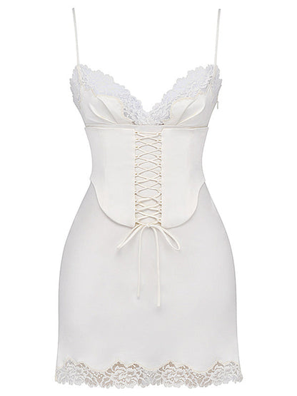 Sexy satin lace stitching V-neck strapless backless dress
