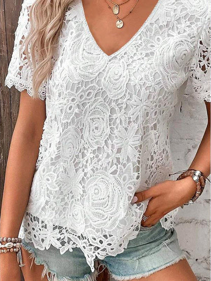Summer new short-sleeved lace V-neck loose sweet pullover T-shirt