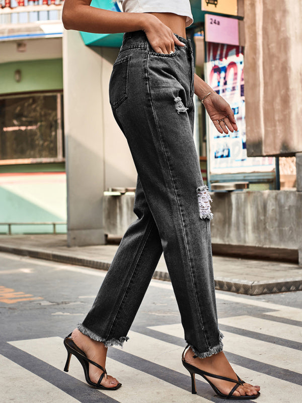 New style denim style ripped trousers women's casual pants