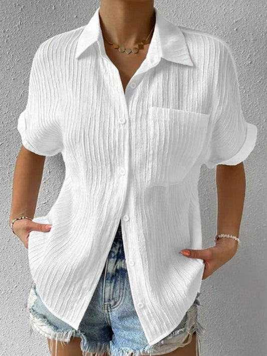 Solid Color Comfortable Casual Sweet Lapel Pocket Cardigan Short Sleeve Shirt