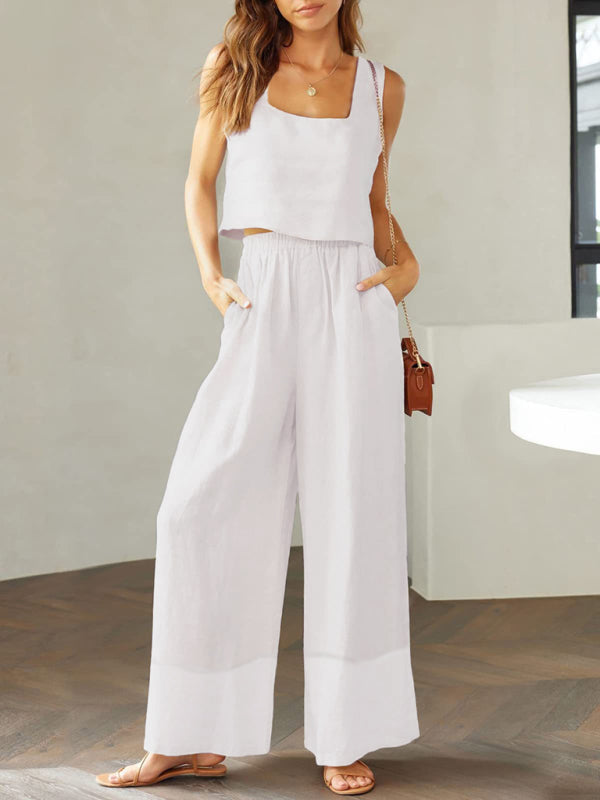 French Loose Casual Wide Leg Pants Square Collar Vest Cotton Linen Suit